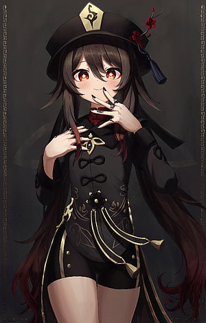 Hu Tao from Genshin Impact in Black and Gold Outfit with Red Eyes and Hat HD phone wallpaper
