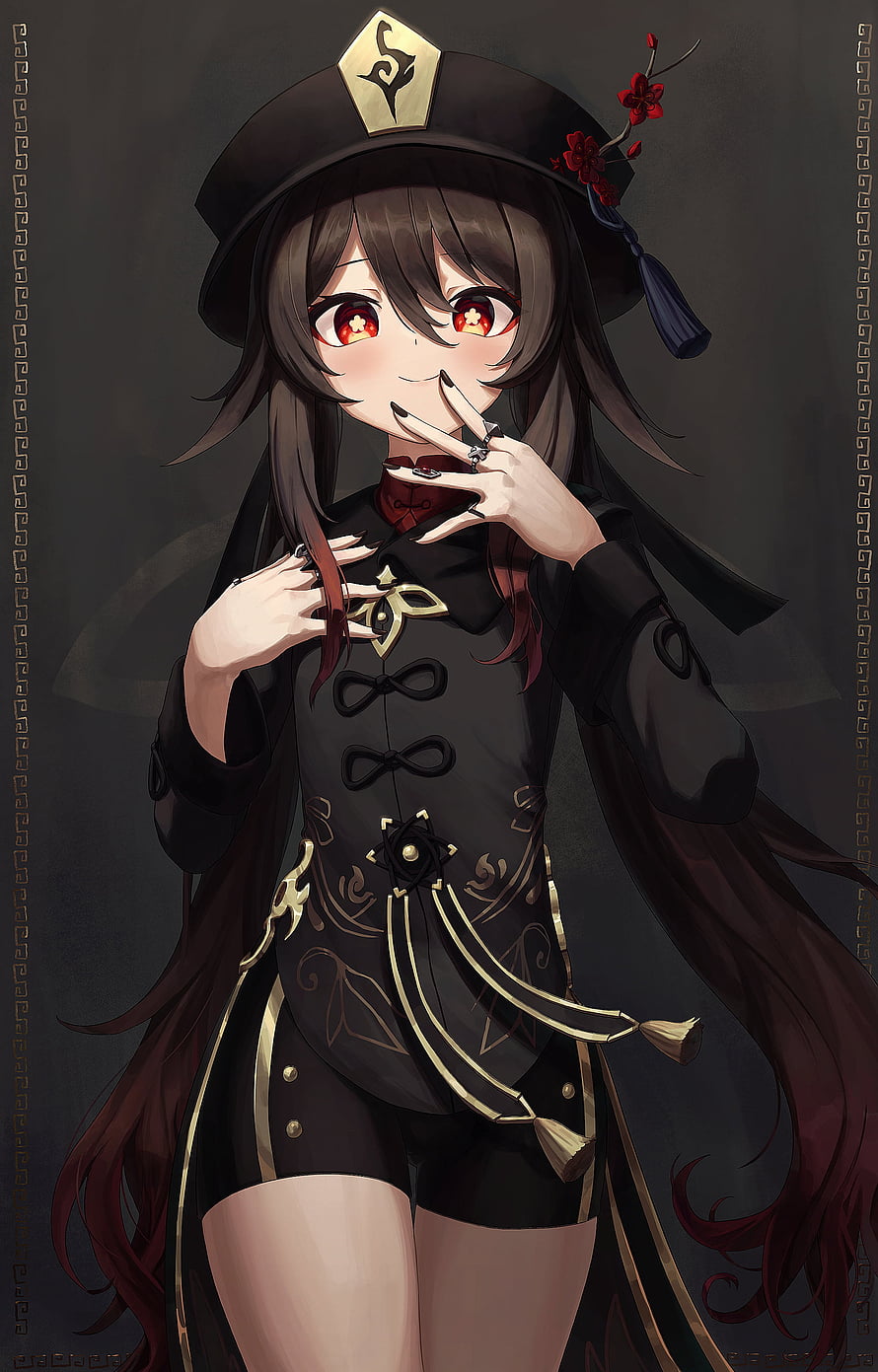 Hu Tao from Genshin Impact in Black and Gold Outfit with Red Eyes and Hat HD phone wallpaper