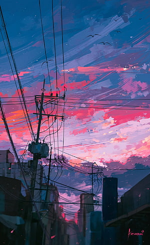 Digital Art of Japanese Cityscape at Dusk with Power Lines and Vibrant Pink Sky HD phone wallpaper