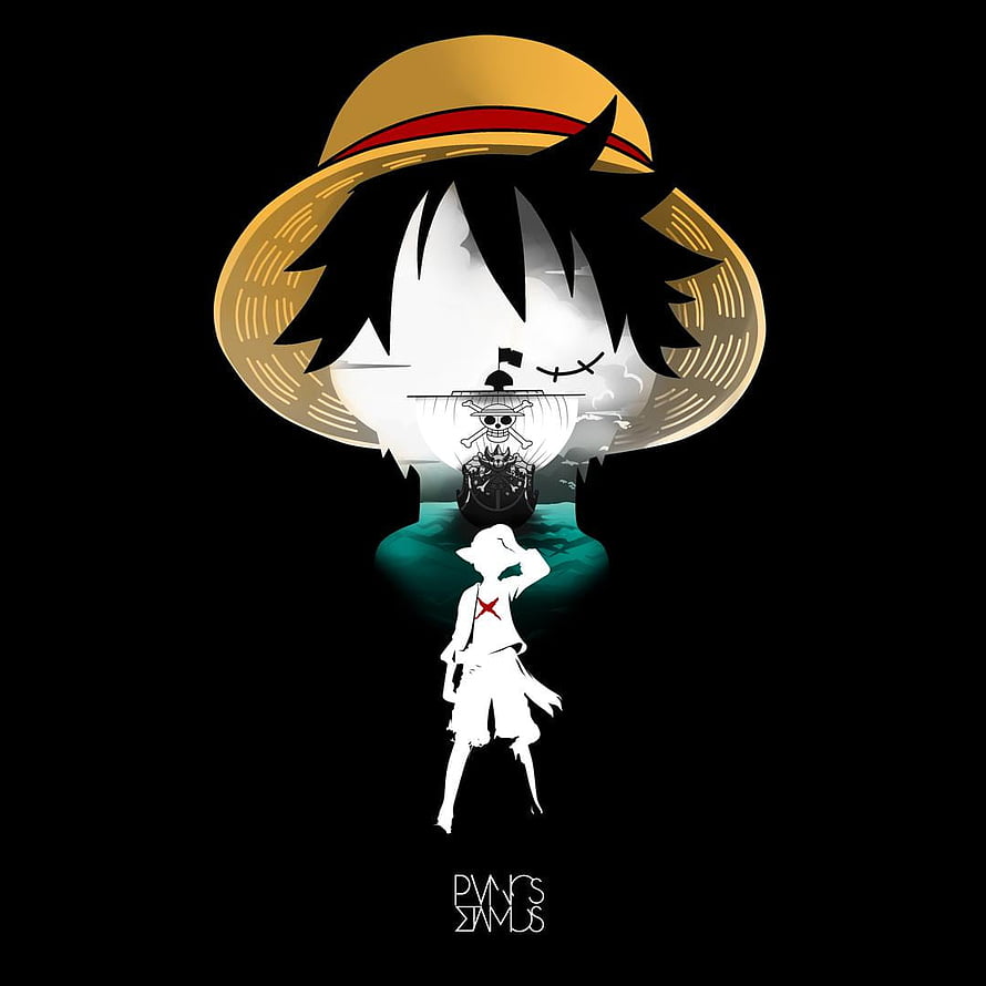 One Piece Luffy Straw Hat Silhouette with Jolly Roger and Ship Artwork HD phone wallpaper