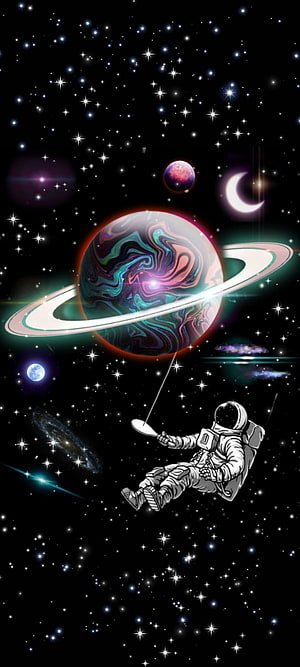 Astronaut Floating in Deep Space Near a Swirling Ringed Planet and Starry Galaxy HD phone wallpaper