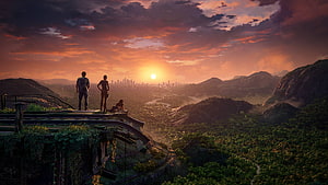 Uncharted Characters Gazing at Distant City Skyline at Sunset HD wallpaper
