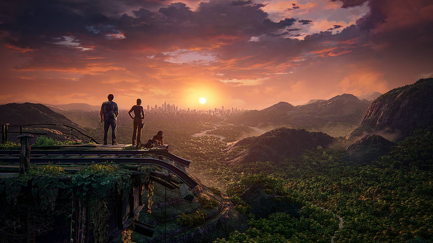 Uncharted Characters Gazing at Distant City Skyline at Sunset HD wallpaper