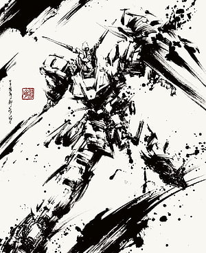 Dynamic Gundam Mobile Suit Rendered in Traditional Japanese Sumi E Ink Wash Style HD phone wallpaper