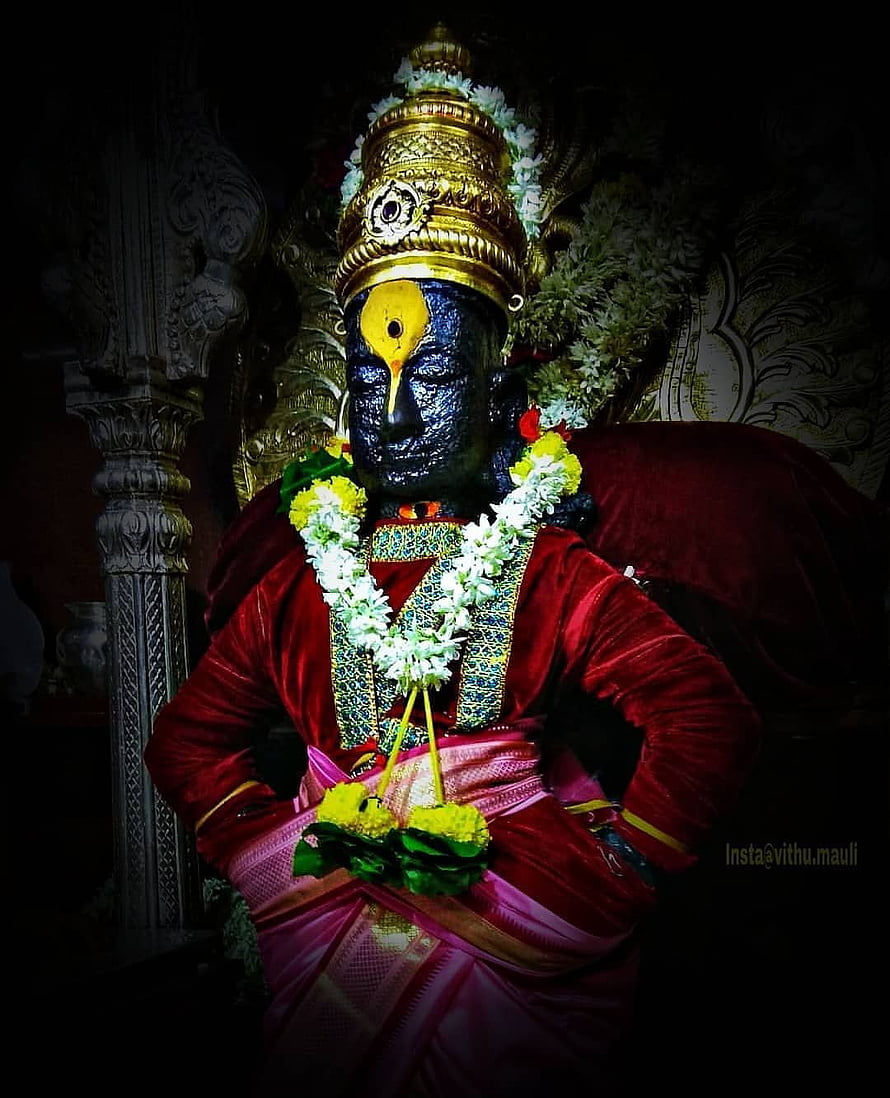 Lord Vitthal Murti Adorned in Red Velvet and Floral Garlands HD phone wallpaper