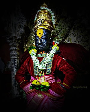 Ornate Vitthal Deity Statue Adorned in Red Velvet and Floral Garlands HD phone wallpaper