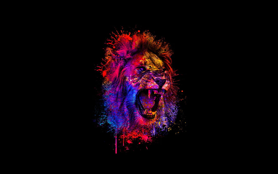 Vibrant Neon Lion Roar Abstract Art on Black Background HD wallpaper