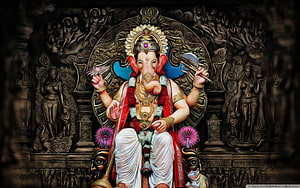 Ganesha Seated on Ornate Throne with Lotus and Axe in Dark Carved Temple Setting HD wallpaper