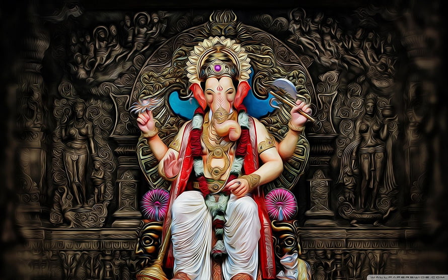 Ganesha Seated on Ornate Throne with Lotus and Axe in Dark Carved Temple Setting HD wallpaper