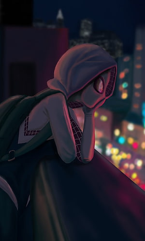 Spider Gwen Stacy in Hooded Costume Leaning on Rooftop at Night with City Lights HD phone wallpaper