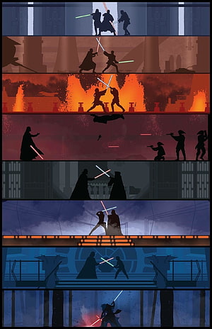 Star Wars Lightsaber Duel Silhouettes Across Multiple Cinematic Scenes HD phone wallpaper