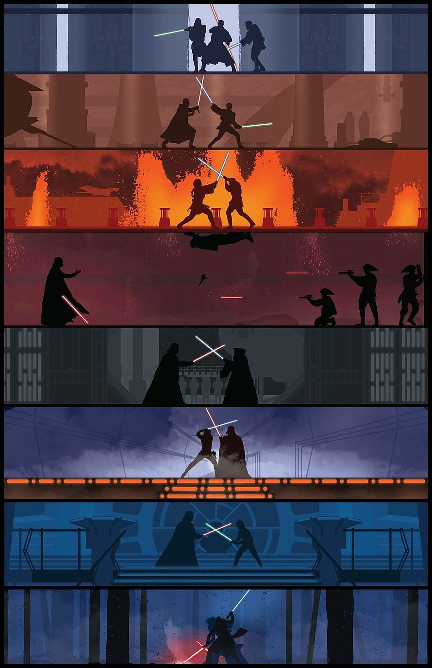 Star Wars Lightsaber Duel Silhouettes Across Multiple Cinematic Scenes HD phone wallpaper