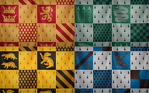 Hogwarts House Crests and Sigils Collage Featuring Gryffindor, Slytherin, Hufflepuff, and Ravenclaw HD wallpaper