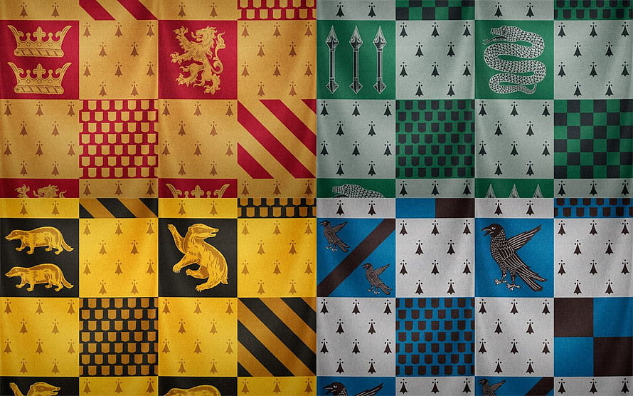 Hogwarts House Crests and Sigils Collage Featuring Gryffindor, Slytherin, Hufflepuff, and Ravenclaw HD wallpaper