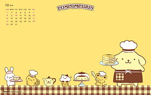 Pompompurin and Sanrio Friends in Chef Outfits Serving Pancakes and Pastries HD wallpaper