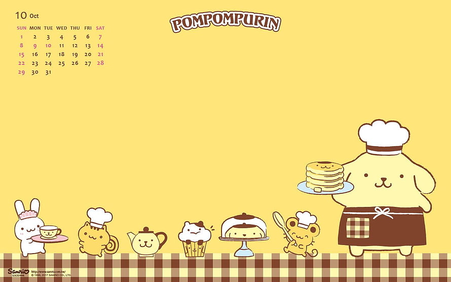 Pompompurin and Sanrio Friends in Chef Outfits Serving Pancakes and Pastries HD wallpaper