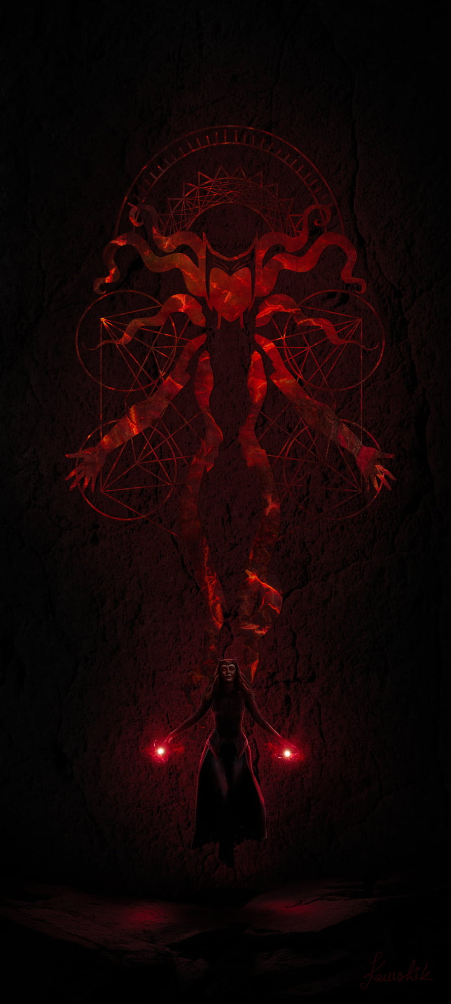 Scarlet Witch Wanda Maximoff Channeling Dark Red Energy in a Mystical Cave HD phone wallpaper