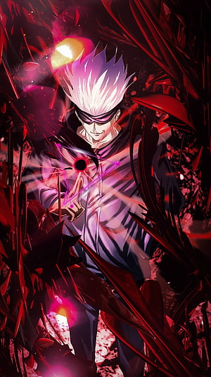Satoru Gojo from Jujutsu Kaisen Channeling Cursed Energy in a Crimson Shattered Realm HD phone wallpaper