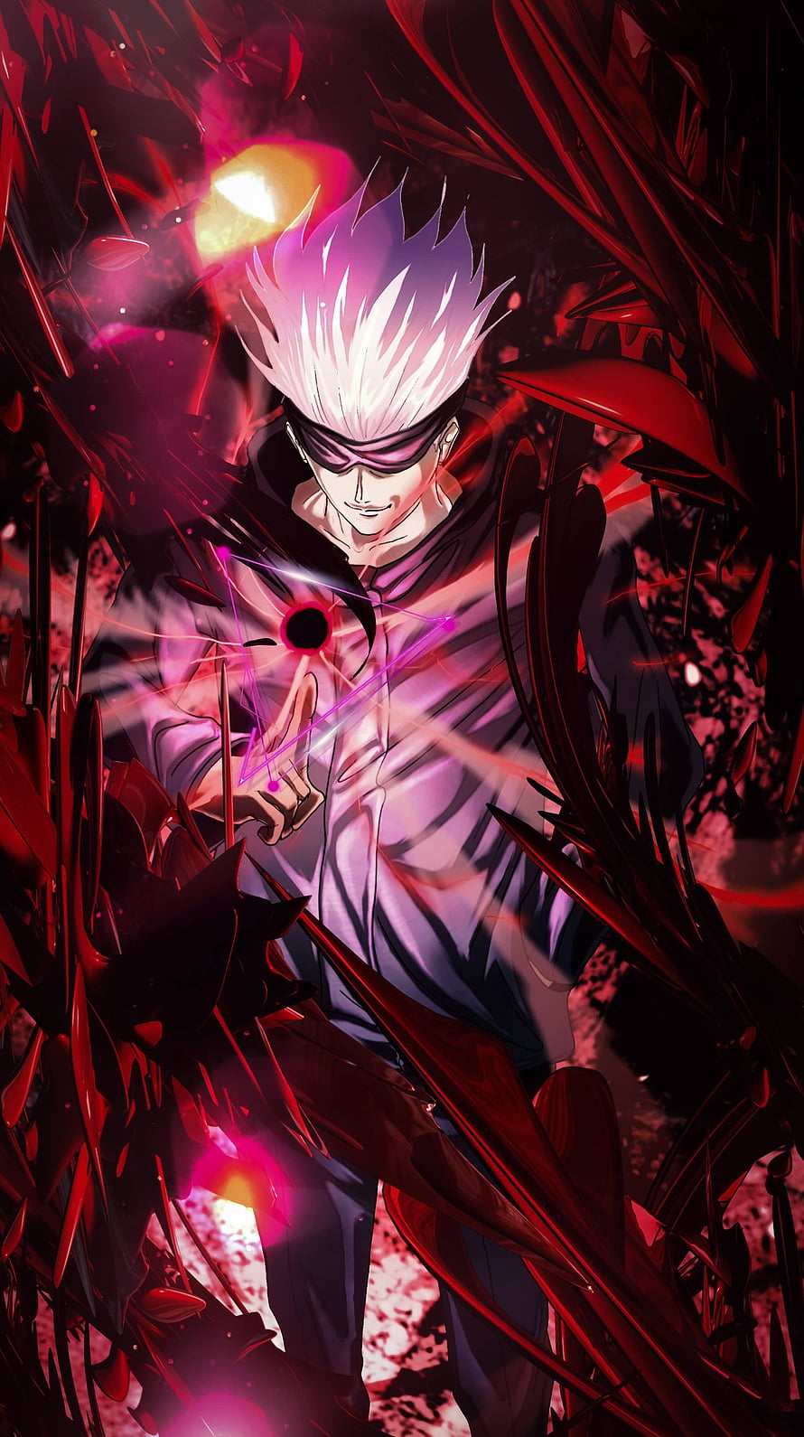 Satoru Gojo from Jujutsu Kaisen Channeling Cursed Energy in a Crimson Shattered Realm HD phone wallpaper