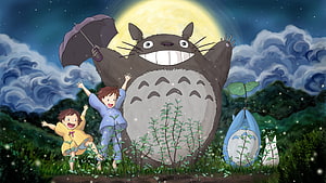 My Neighbor Totoro Night Scene with Mei and Satsuki Under a Full Moon HD wallpaper
