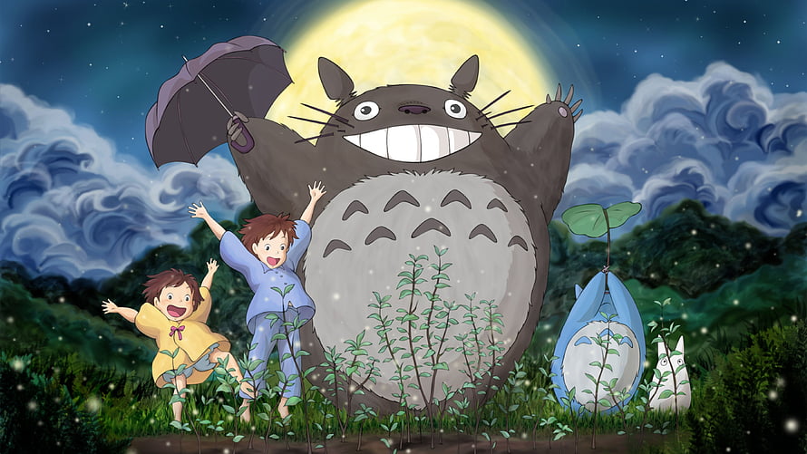 My Neighbor Totoro Night Scene with Mei and Satsuki Under a Full Moon HD wallpaper