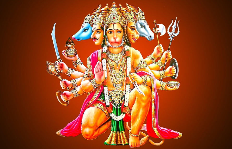 Five-Headed Hanuman Deity Illustration with Weapons and Divine Regalia HD wallpaper