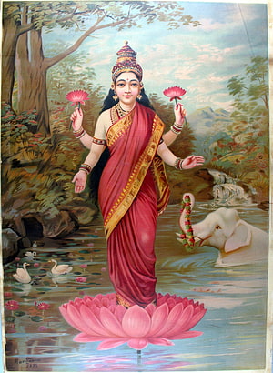 Goddess Lakshmi Standing on Lotus with White Elephant and Swans in Raja Ravi Varma Style HD phone wallpaper