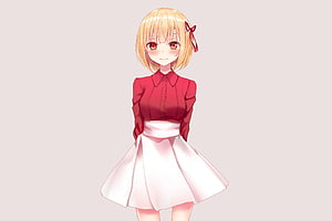Anime Girl with Short Blonde Hair and Red Eyes Wearing a Red Blouse and White Skirt HD wallpaper