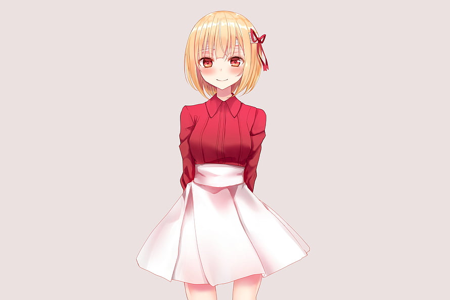 Anime Girl with Short Blonde Hair and Red Eyes Wearing a Red Blouse and White Skirt HD wallpaper
