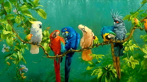 Vibrant tropical parrots and cockatoos perched on a lush jungle branch in a colorful digital painting HD wallpaper