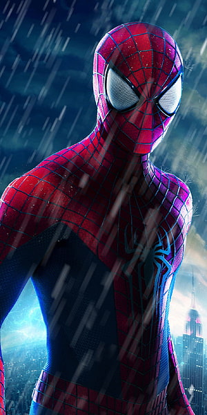Spider-Man in Rainy Night Cityscape with Dramatic Lighting and Webbed Suit Detail, Spiderman, The amazing spider man, Andrew Garfield, Marvel HD phone wallpaper