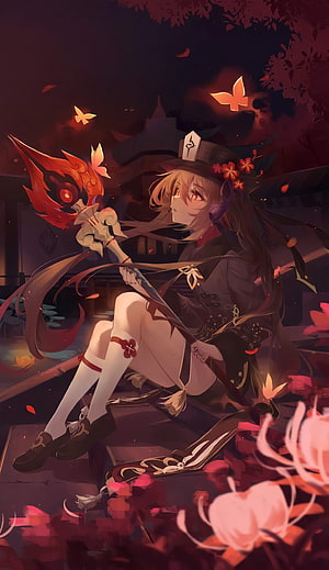 Hu Tao from Genshin Impact Sitting with Her Fire Polearm Amidst Falling Petals and Glowing Moths HD phone wallpaper