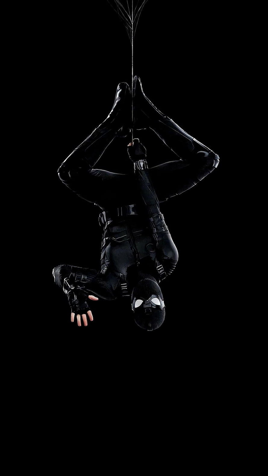 Spider-Man in Black Suit Hanging Upside Down Against Dark Background HD phone wallpaper