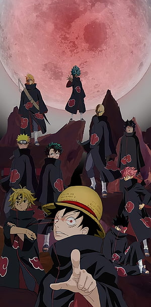 Akatsuki Team Featuring Luffy, Naruto, and Goku in Black Cloaks Under a Blood Moon HD phone wallpaper