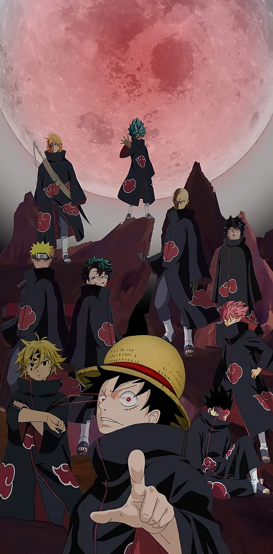 Akatsuki Team Featuring Luffy, Naruto, and Goku in Black Cloaks Under a Blood Moon HD phone wallpaper