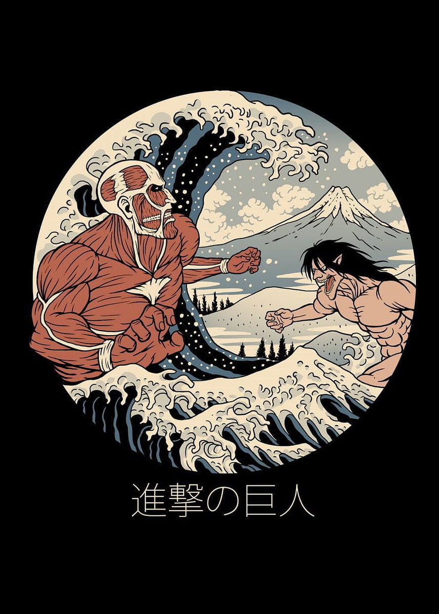 Attack on Titan Ukiyo-e Style Artwork Featuring Titans and Mount Fuji HD phone wallpaper