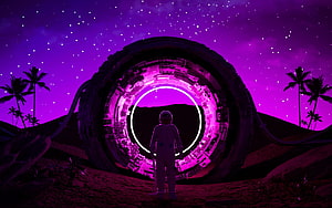 Astronaut Standing Before Glowing Sci-Fi Portal in Purple Night Landscape HD wallpaper