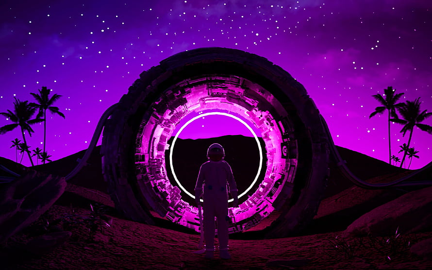 Astronaut Standing Before Glowing Sci-Fi Portal in Purple Night Landscape HD wallpaper
