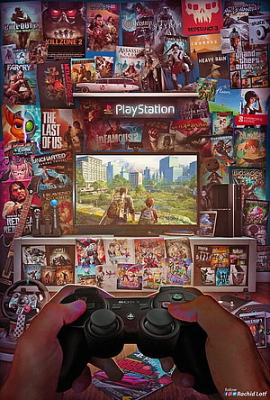 PlayStation Gaming Setup Wall Art Featuring The Last of Us and Classic Game Covers HD phone wallpaper