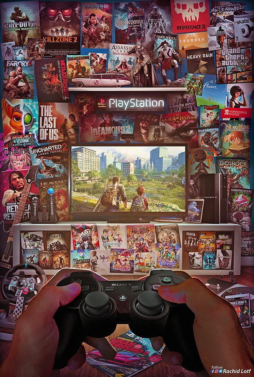 PlayStation Gaming Setup Wall Art Featuring The Last of Us and Classic Game Covers HD phone wallpaper