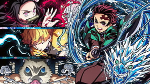 Demon Slayer Anime Artwork Featuring Tanjiro, Nezuko, Zenitsu, and Inosuke in Dynamic Action HD wallpaper