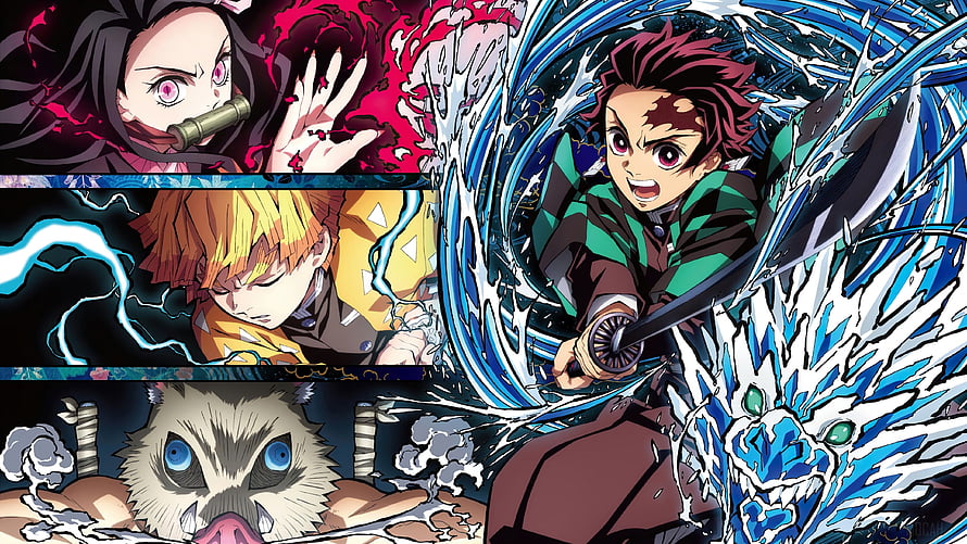 Demon Slayer Anime Artwork Featuring Tanjiro, Nezuko, Zenitsu, and Inosuke in Dynamic Action HD wallpaper