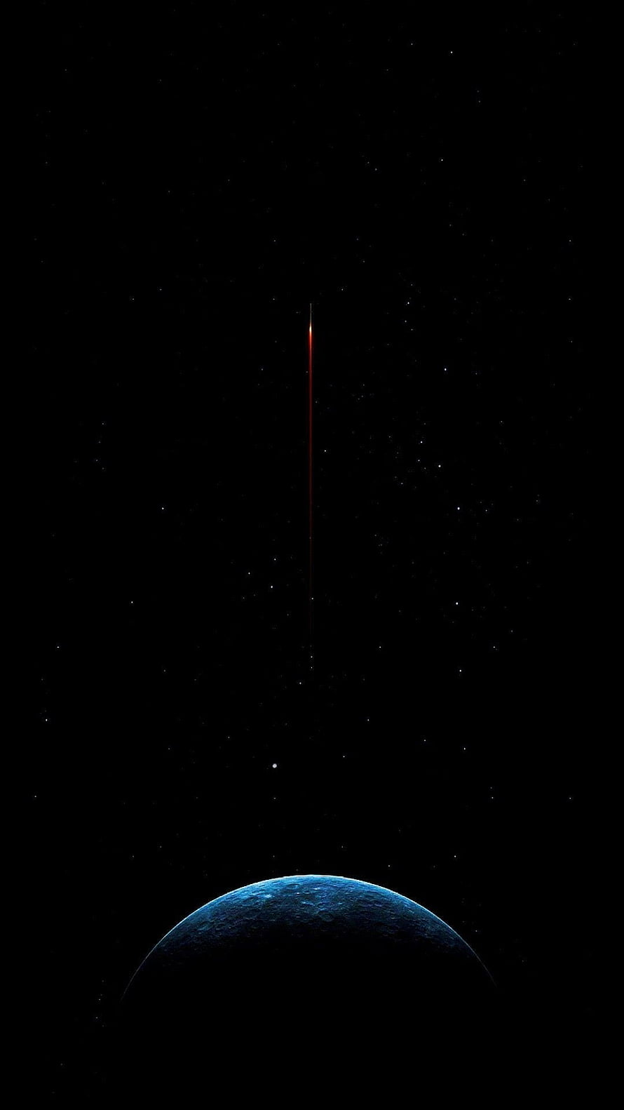 Minimalist Space Scene with Blue Planet and Vertical Light Streak on Black Background HD phone wallpaper