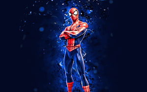 Spider-Man in Classic Suit Standing with Arms Crossed Against Blue Neon Energy Background HD wallpaper