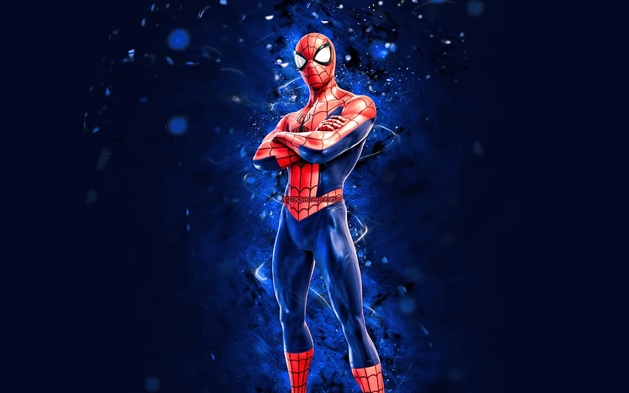 Spider-Man in Classic Suit Standing with Arms Crossed Against Blue Neon Energy Background HD wallpaper