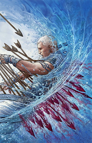 Bhishma Pitamah in Epic Mythological Battle Scene with Arrows and Water HD phone wallpaper