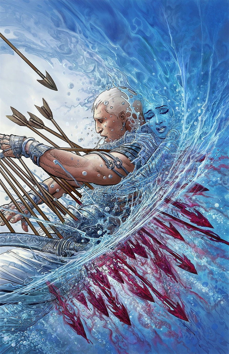 Bhishma Pitamah in Epic Mythological Battle Scene with Arrows and Water HD phone wallpaper