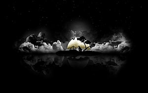 Moody Night Sky with Full Moon, Silhouetted Tree, and Water Reflection HD wallpaper