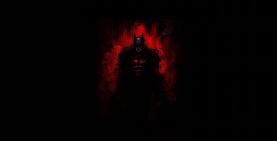Batman Dark Artwork with Red Glow and Bats in Minimalist Style HD wallpaper