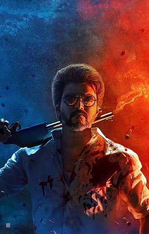 Thalapathy Vijay Action Movie Poster with Shotgun and Dramatic Lighting HD phone wallpaper